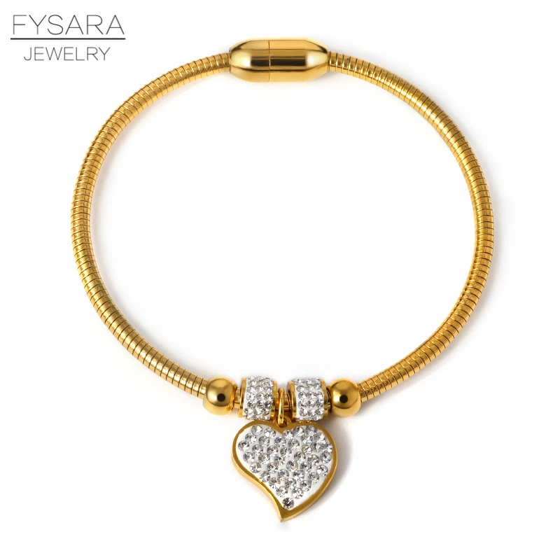 FYSARA винтажные шармы браслеты с сердечками для женщин хрустальные Pulseras змея из нержавеющей стали цепная проволока браслеты и браслеты DIY на заказ