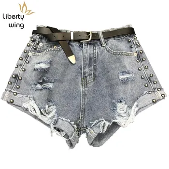 

Summer Brand Beach Washed Trousers Short Rivet Jeans Women High Waist Sexy Slim Fit Denim Hole Female Fashion Shorts