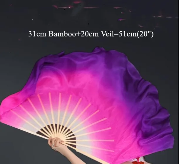 Двухслойный Вентилятор Китайский народный танец веер для танца живота вуаль Половина Круг бамбуковый складной веер пара(1л+ 1р) градиент - Цвет: 31cm 20cm