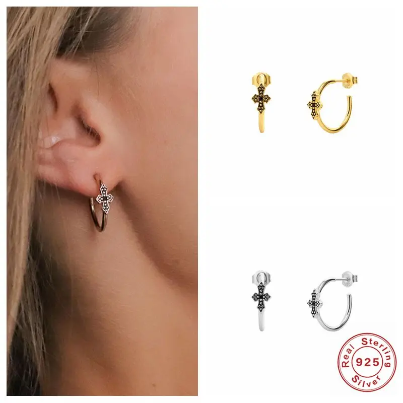 

Aide Minimalist 925 Sterling Silver CZ Stud Earrings for Women Simple Geometric Cross Gold Silver Earrings Black Fashion Jewelry