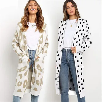 

Women Streetwear Coat Patchwork Design V-Neck Long Sleeve Leopard Dot Print Long Top Lady Autumn Casual Loose Cardigan Cost