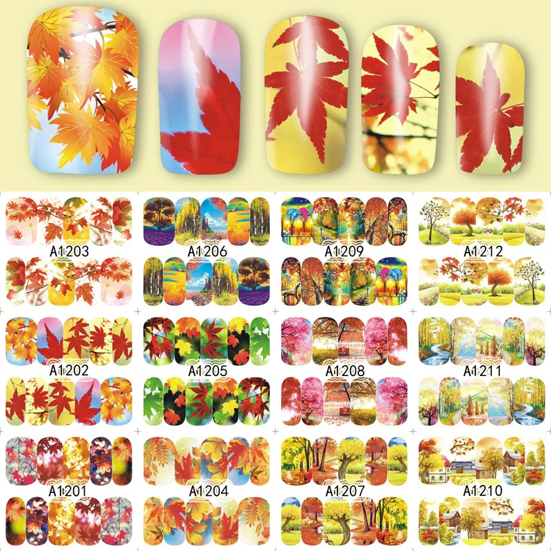 

12pcs/sheet Nail Sticker Decals Autumn Maple Natural Flower Pattern Stickers Water Transfer Stickers Nail Art Decals Decoration