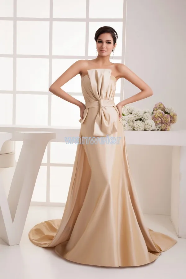 

free shipping 2016 new design fashion small train handmade bow bride married long custom size/color champagne Bridesmaid Dress