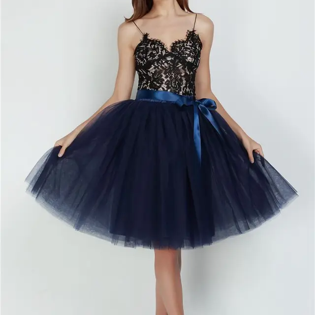 6Layers 65cm Fashion Tulle Skirt Pleated Tutu Skirts Women Lolita Petticoat Bridesmaids Sweet Party Midi Skirt Mini Skirt Dress navy blue