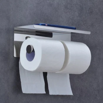 

With Phone Shelf Home Hotel Punch Free Stainless Steel Toilet Paper Holder Modern Style Storage Rack Self Adhesive Wall Mounted