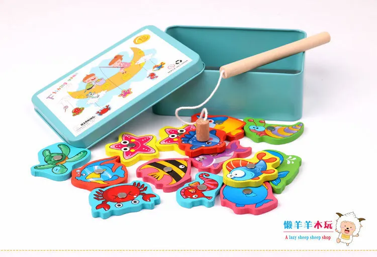 15 Article Iron Box Magnetic Fishing Wood Building Blocks Toy Parent And Child Interactive Early Childhood Educational Force Kin