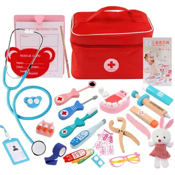 

Kuulee Children Wooden Simulation Bag Medicine Box Pretend Game Simulation Doctor Injection Toy