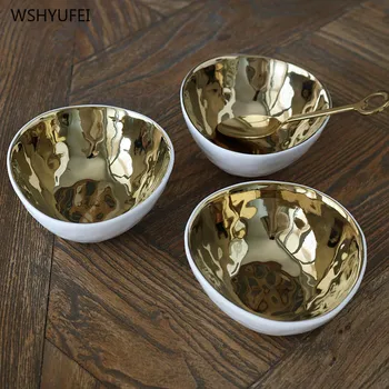 

Light luxury hand-cranked irregular gold wave pattern ceramic gold-plated bowl fruit snacks storage tableware jewelry display
