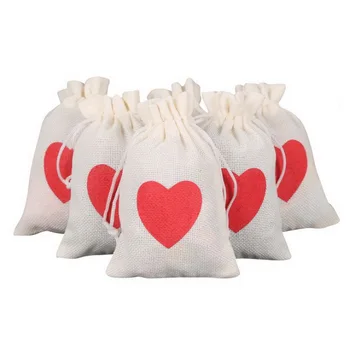 

50PCS Sackcloth Bag with Red Heart Wedding Party Gift Burlap Bags Red Heart Imitation Linen Candy Drawstring Bag