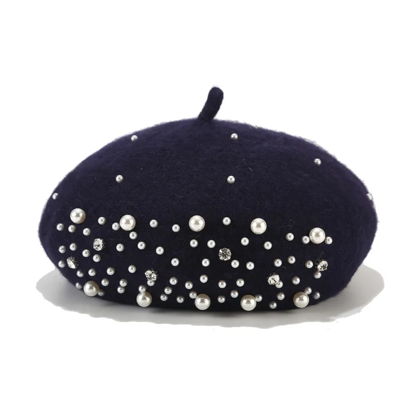 navy blue Новые шапки для женщин небольшой аромат жемчужный горный хрусталь шерсть Берет Корейская версия диких женщин осень и зима Милая Тыква шапки-береты - Цвет: navy blue