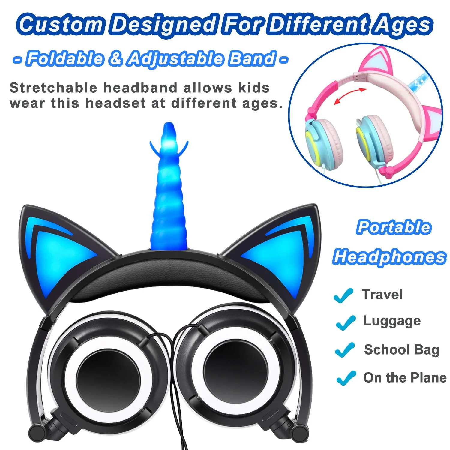 Glowing Unicorn Cat Ear LED Light Up Wired Adjustable Foldable On Over Ear Headphones for Game Travel School Birthday Gift Girls