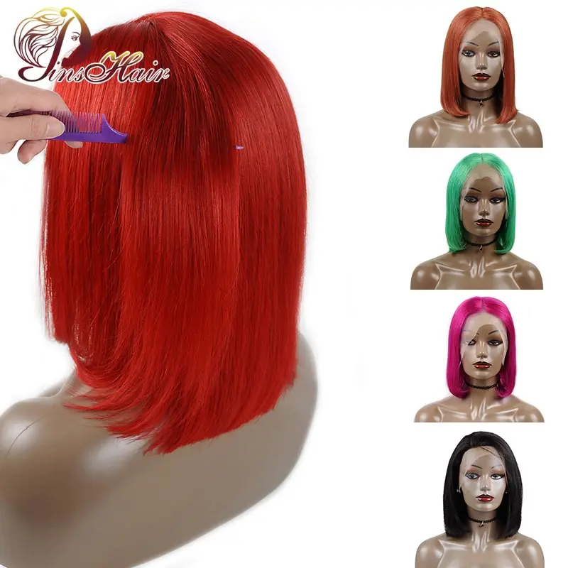 

Peruvian Red Green Bob Wigs 13*4 Short Human Hair Wigs Pre-Plucked Hairline Pinshair Nonremy Straight Hair Bob Lace Front Wigs