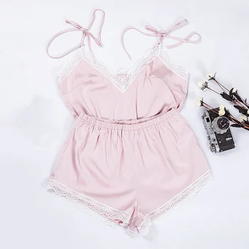 

Stain Silk Pink Pajamas Set Sexy Lingerie Cami Top+Shorts Sleepwear Women V Neck Sleeveless Lace Sweet Nightwear Home Clothes