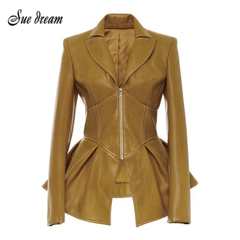

2020 Winter Women'S New Locomotive Style Patchwork Irregular Coat Ladies Lapel Long Sleeve PU Leather Zipper Coat Women'S Coat
