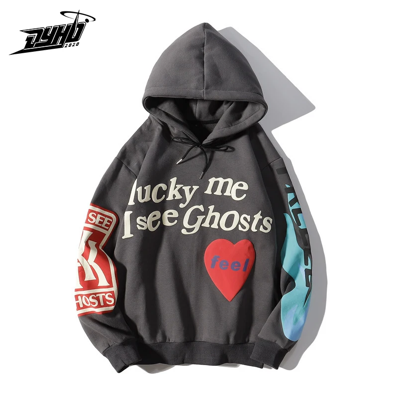 Sudadera con capucha para Hombre, con estampado de letras y grafiti, ropa para parte superior masculina, estilo Harajuku y Hip Hop, con estampado de Lucky Me I See Ghost