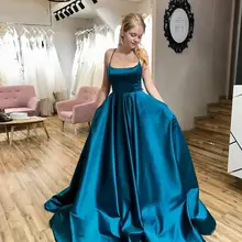 Скромные синие платья для выпускного вечера Длинные Спагетти Кружева сзади линия развертки поезд Вечерние платья Vestido de festa дешевые