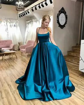 

Modest Blue Prom Dresses Long 2020 Spaghetti Lace Up Back A Line Sweep Train Evening Party Gowns Vestido de festa Cheap
