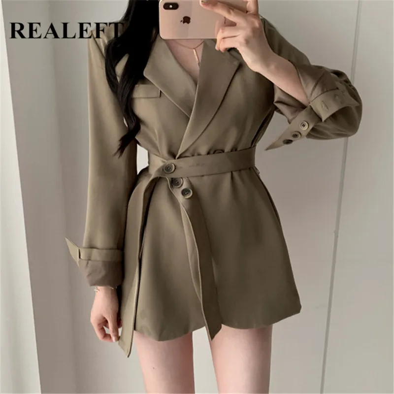 Женский однобортный Блейзер REALEFT повседневная однотонная куртка с поясом и