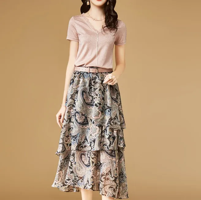 

WOMEN'S Dress V-neck Lace Edge T-shirt Mid-length Printed Flounced Skirt Two-Piece Set 2018 Summer New Style