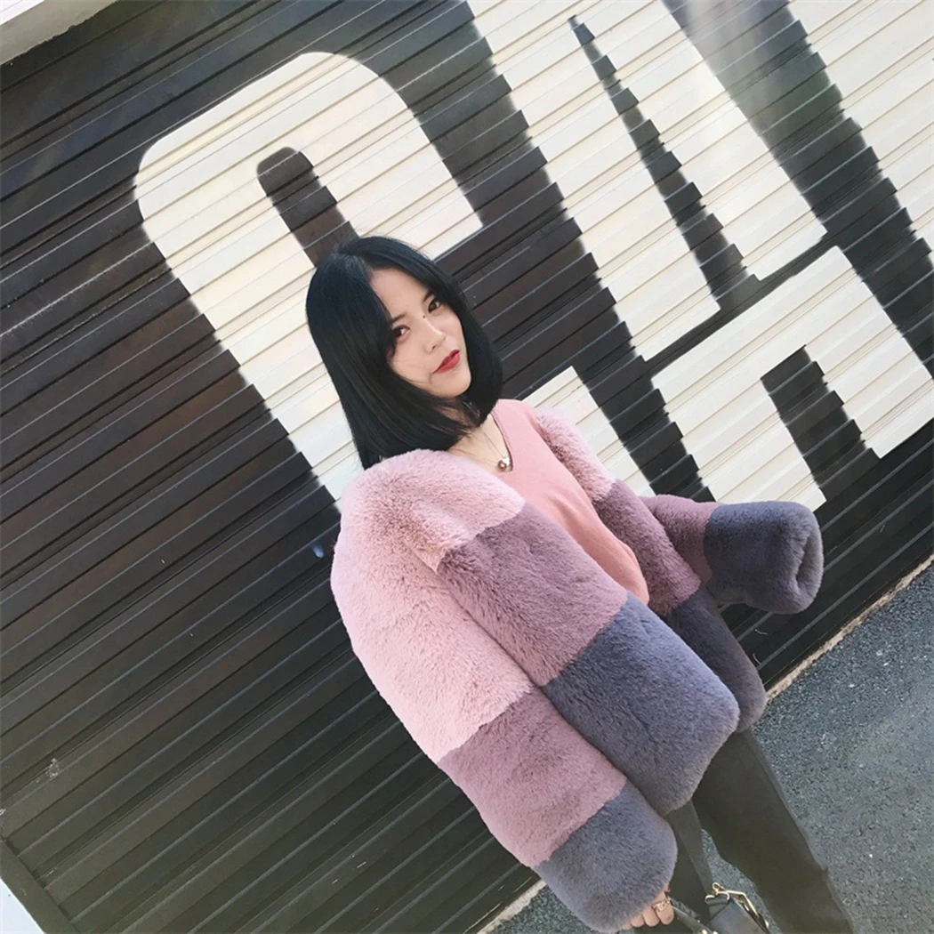 

Warm Winter Fuzzy Overcoat Women Nice Thick Faux Rabbit Fur Coat Outwear Fashion Contrast Color Fake Fur Coat Female Jacket