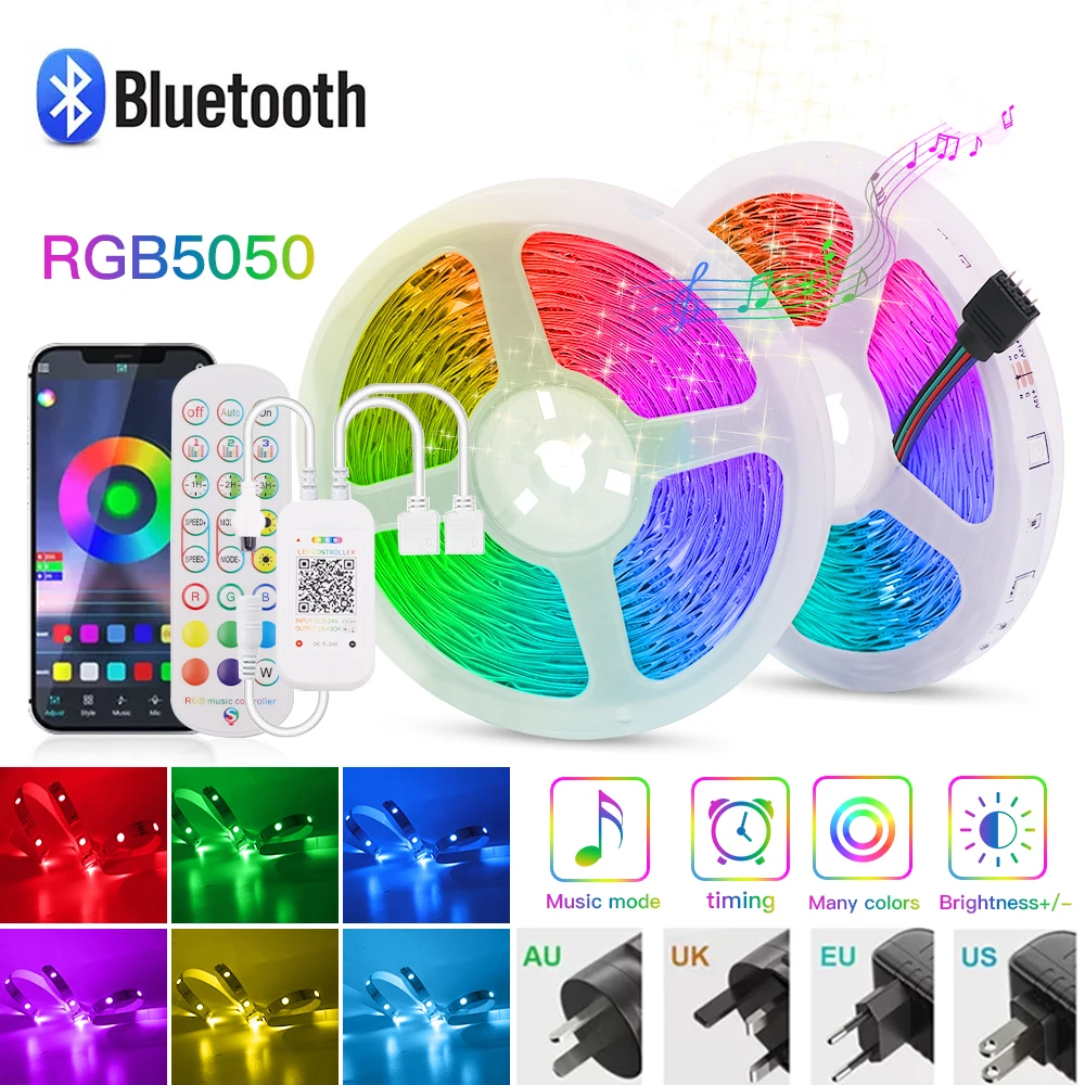 

DC12V LED Strip Light RGB 5050 Smart Bluetooth APP Control Flexible Led Lights Tape 5M 15M 20M Timing Music Luces Led Lamp EU US