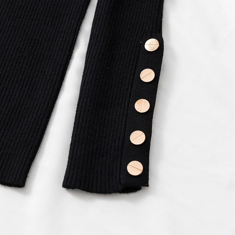 Новая мода кнопка сторона длинный рукав с разрезом О-образным вырезом свитер женский осень однотонный вязаный пуловер тонкий ребристый Трикотажный Джемпер Топ