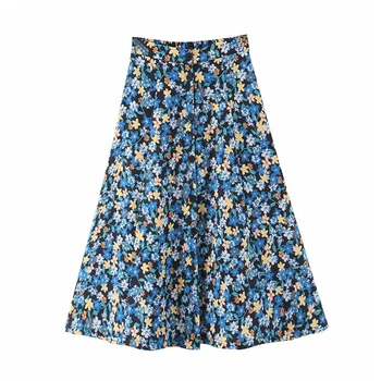 

Vintage farmhouse style floral pattern midi skirt elastic waist A line button decorate female casual stylish mid calf skirts