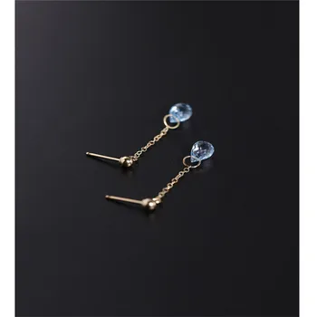 

DMBS028 Sky blue topaz earrings female genuine yellow 14K gold Injection wind blowing short ear line ceremony