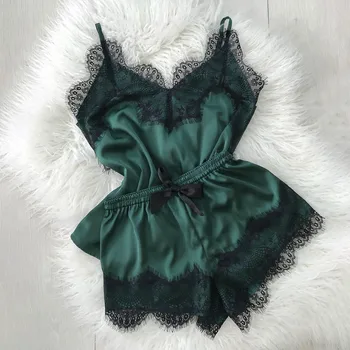 

Women Satin Lace Silk Solid Camisole Shorts Bow Set Sleepwear Pajamas Lingerie Sexy V Neck pajamas set home clothes