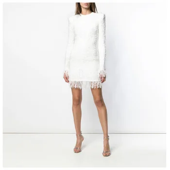 

Spring Autumn Elegant Women High Street Long Sleeve White Tweed Bling Bling Quality Dress Straight Tassel Dresses