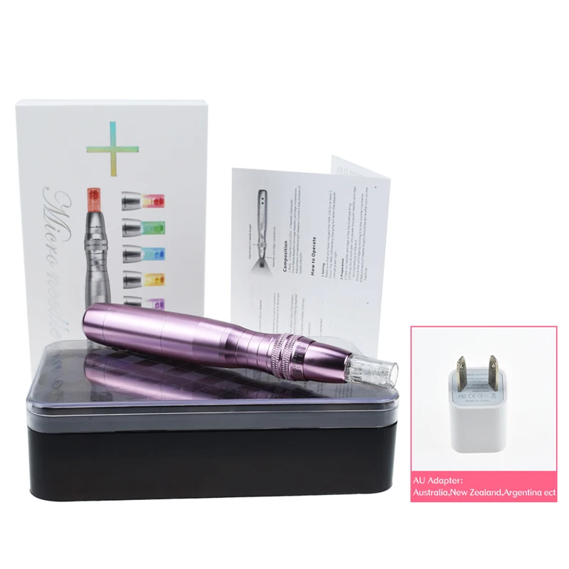 AU PLUG Rechargeable LED Photon Electric Derma Pen 7 Colors Light Skin needling Pen with 12 Pin Micro Needle beauty facial machine - Цвет: AU PLUG