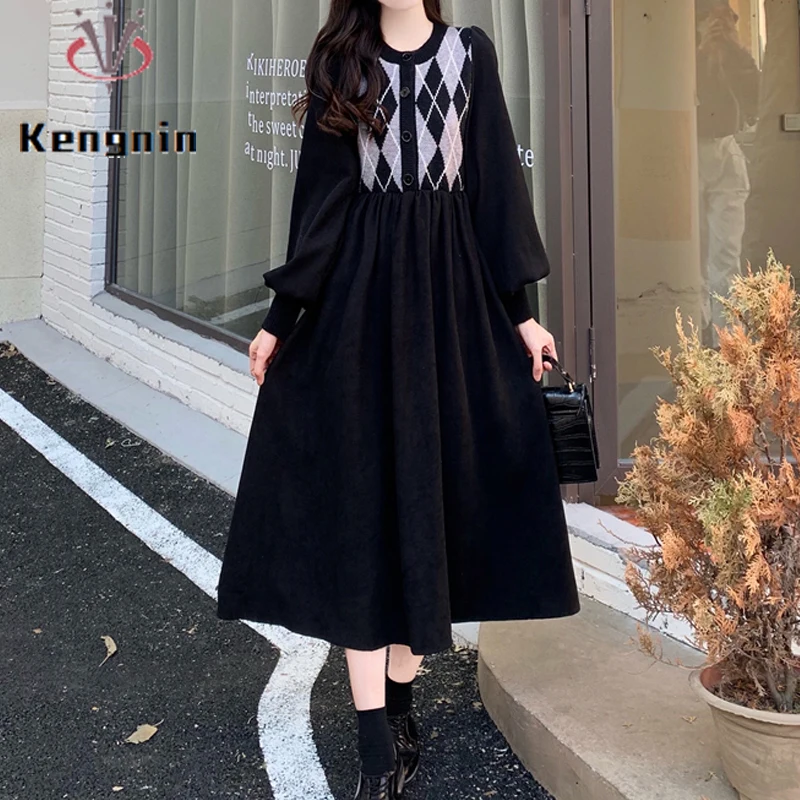 Herbst Winter Schwarz Kleider Frauen Cord Patchwork Strickte Weibliche 
