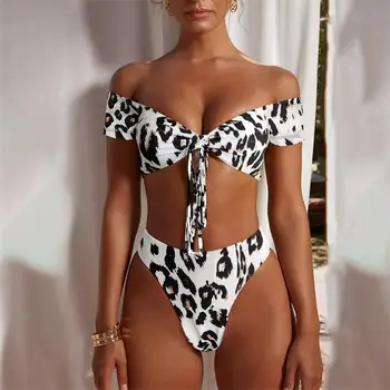 

Leopard Bikini Set High Waist Swimwear Women Bandeau Bikinis Push Up Two Piece Swimsuit Ladies Off shoulder Tankini Biquinis