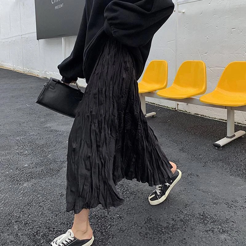 HOUZHOU Wrinkled Black Pleated Skirt Women Autumn 2021 Korean Style Casual Streetwear White High Waisted A-line Long Midi Skirt pleated skirt