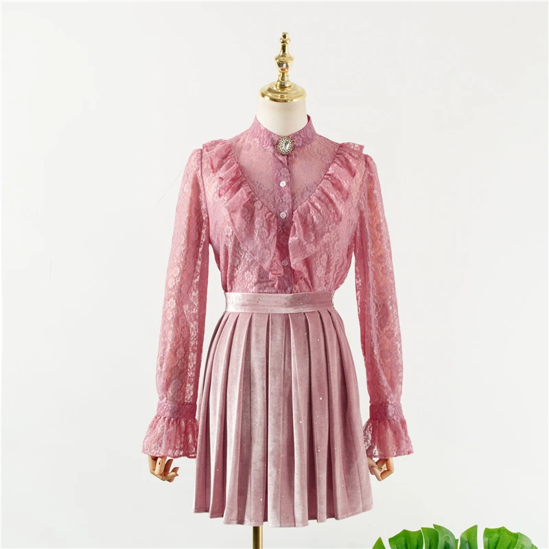 Розовая рубашка+ юбка для женщин IU с длинным рукавом 장월 Lee Ji Eun DEL LUNA отель Осень Весна Материнство Топы Футболка для беременных - Цвет: CL029-1 set