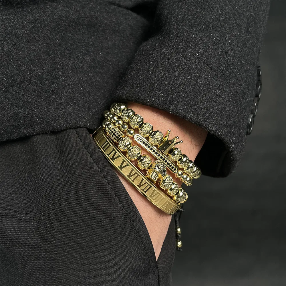 

Copper Beads Bracelet Men CZ Skull Crown Bracelets Handmade 3Pcs Erkek Bileklik Skull Jewelry Mens Roman Bangle For Women