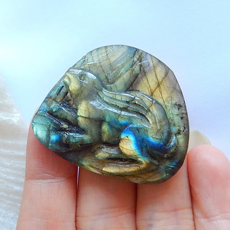 

Shimmer Gems Labradorite Hand made Rabbit Cabochon,Wholesale Semiprecious stone Jewelry birthday present,41x35x8mm,17g