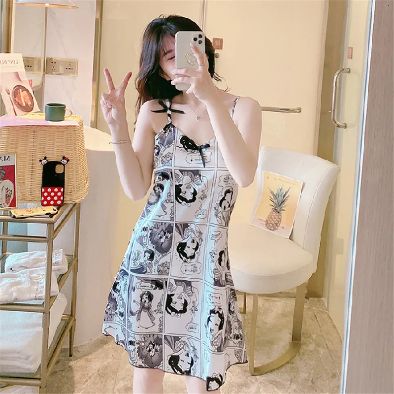 

Girl cartoon Mickey print summer suspender pajamas sweet and sexy imitation silk cartoon home service women with chest pad
