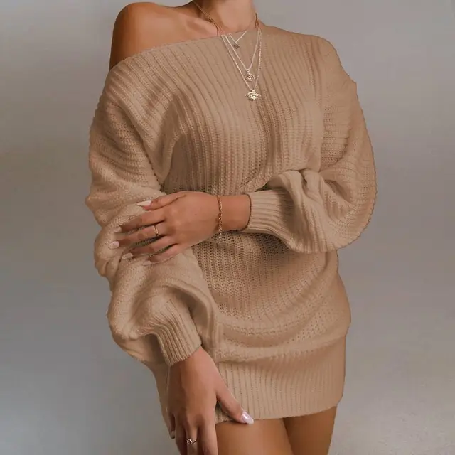 The hottest ladies casual off-shoulder lantern sleeve knitted sweater dress 4