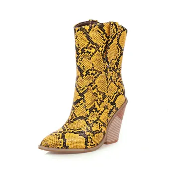 

2020 Snake Skin Pattern Women Ankle Boots Pointed-Toe Square Heel Shoes Autum Winter Warm Lady Botas Mujer Punk Wedge Cowboy