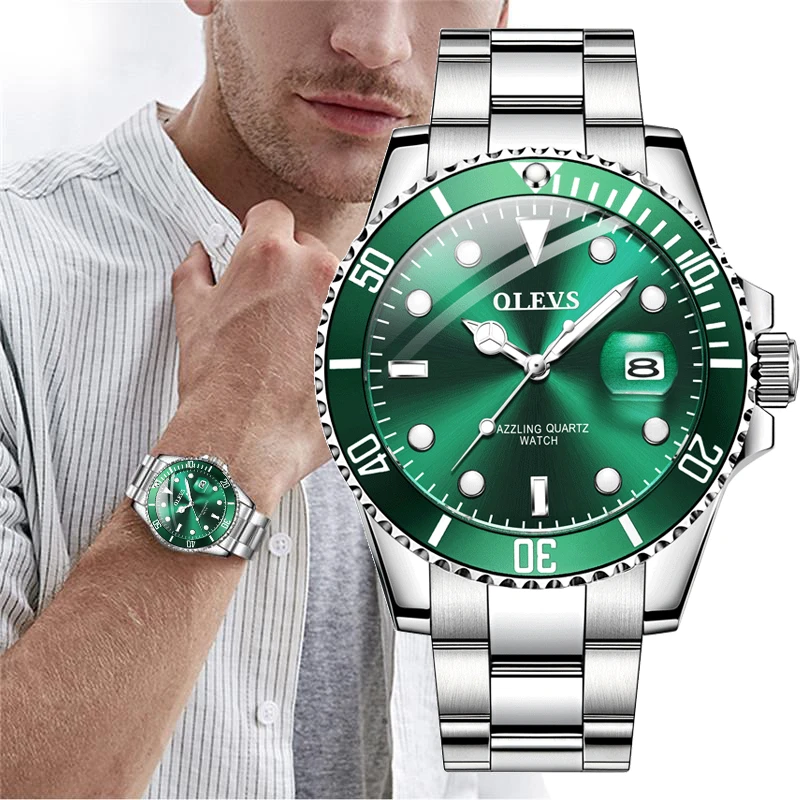 OLEVS Mens Watches Top Brand Luxury Fashion Waterproof Luminous Hand Green Dial Quartz Sports Wristwatch Gifts for Men