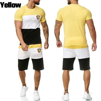 

Men's casual 2-piece sports suit multi-color stitching casual shorts suit summer fashion casual clothing men's short sportswear