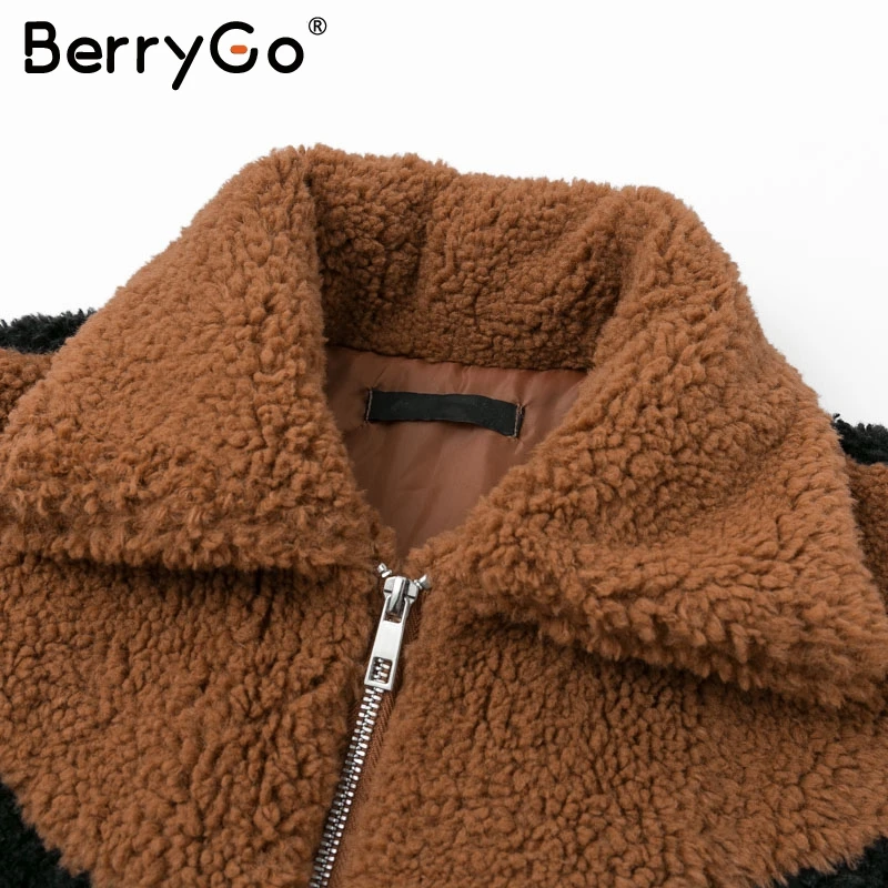 BerryGo повседневное лоскутное пальто из искусственного меха женские мягкие карманы женские зимние теплые пальто шикарная молния женская толстая верхняя одежда куртки