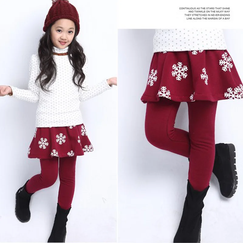 Детские брюки детские зимние плотные теплые леггинсы для девочек, имитация двух предметов, рубашка с цветочным принтом, штаны утепленные леггинсы для девочек - Цвет: winered