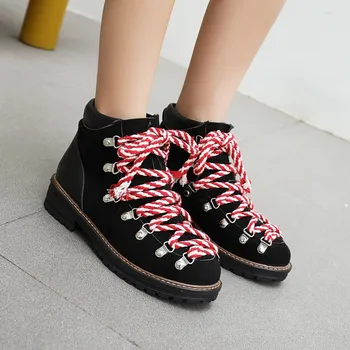 

OLOMLB Womens Round Toe Ankle Boots Match Colors Lace Up Metal Buckle Warm Winter Fleece Liner Shoes Retro Plus Size New 2020