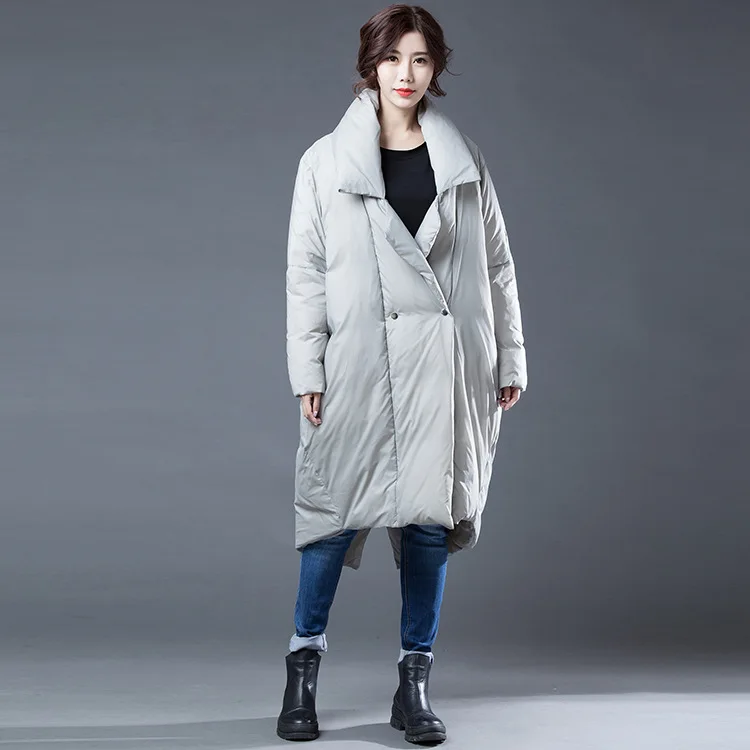 

2019 Winter New Style Big Size Women's Thick Warm Large Size Long Down Jacket Asymmetric Length White Duck Down 100% Long Solid