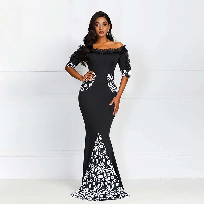 

Women Bodycon Dresses Elegant Summer Black Off Shoulder Floral Print Mermaid Slim Sexy Robe Vintage Lace Party Evening Dress