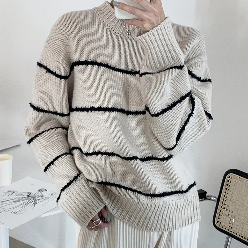 

ZCSNMLL Vintage Pullover Round Neck Pullover Loose Casual Warm Long-sleeved Striped Knitted Sweater Women Autumn Winter 2020