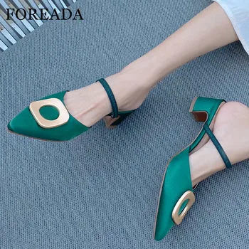 

FOREADA Mules Shoes Woman Med Heels Pointed Toe Block Heel Lady Pumps Metal Decoration Female Footwear Green Black Big Size 40