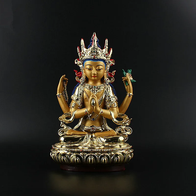 

26cm Gold Plating Colored Tibetan Tranic Four-Armed Guanyin/Avalokitesvara Bodhisattva Buddha Statue Figurine Putting Decoration
